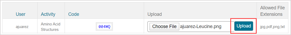In the Upload column of the Document Uploads pane, a file is listed next to the Choose File button and the Upload button is highlighted.